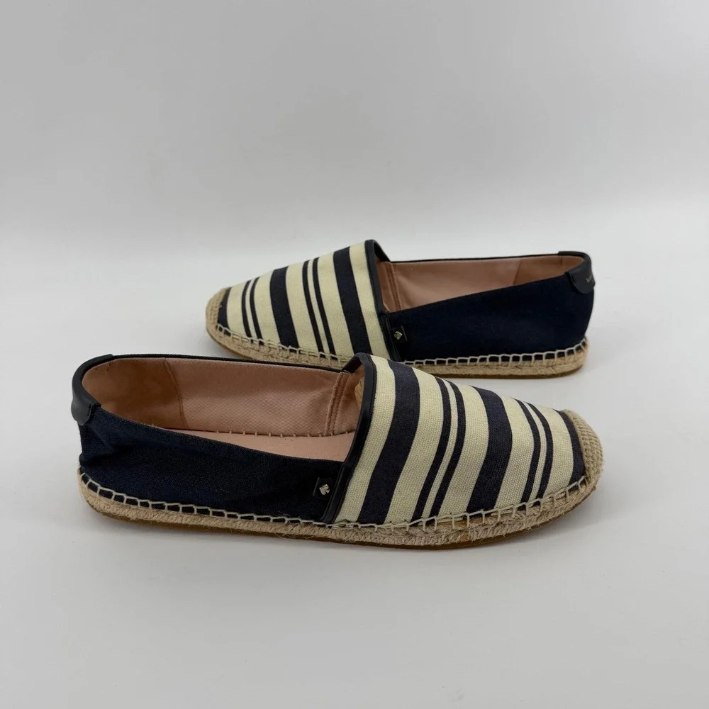 Kate Spade Espadrilles Womens 11 Navy Gramercy Striped Canvas Jute Flats